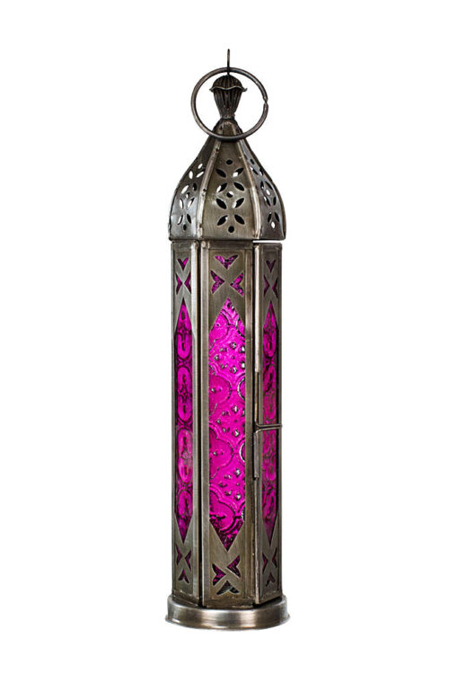 Glass & Metal Lantern Tower Pink & Clear Glass