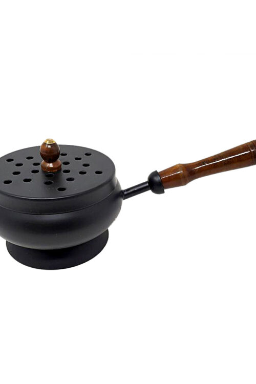 Iron Charcoal Burner with Lid & Wood Handle 9″