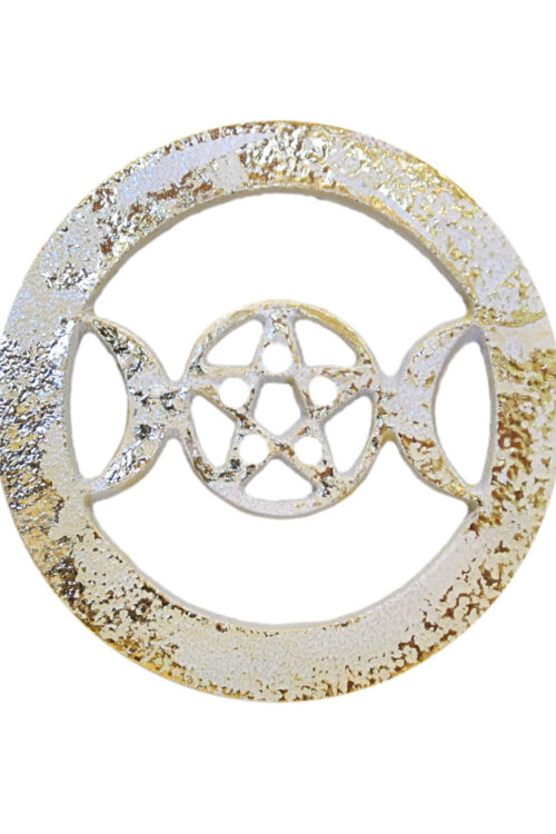 White w/Gold Triple Moon Pentagram Metal Altar Tile