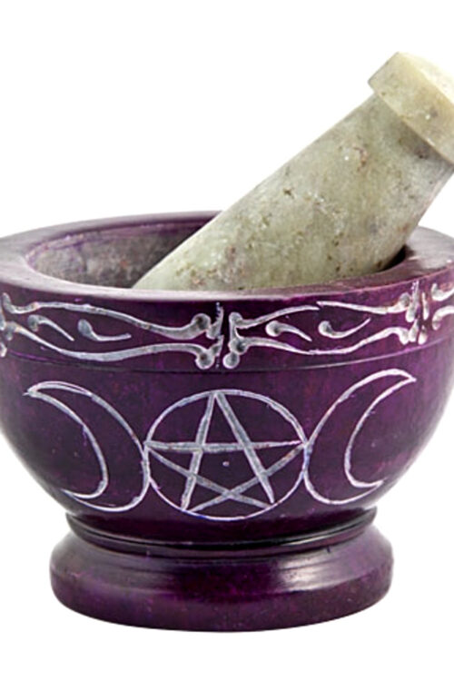 Soapstone Mortar & Pestle Triple Moon Pentacle Purple