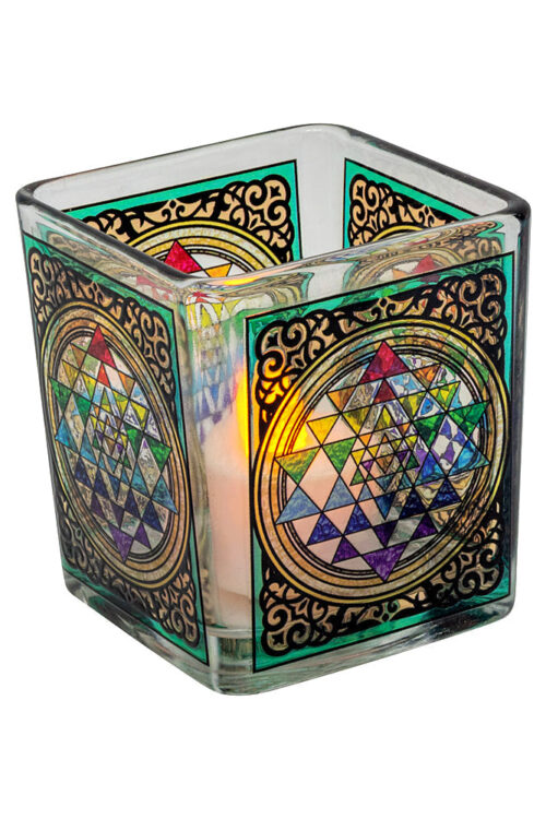 Sri Yantra Chakra Handcrafted Glass Square Votive Holder