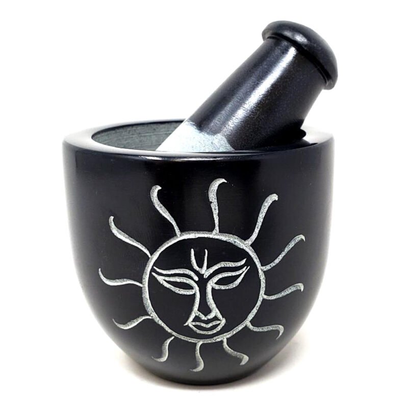 Sun Carved Black Soapstone Mortar & Pestle