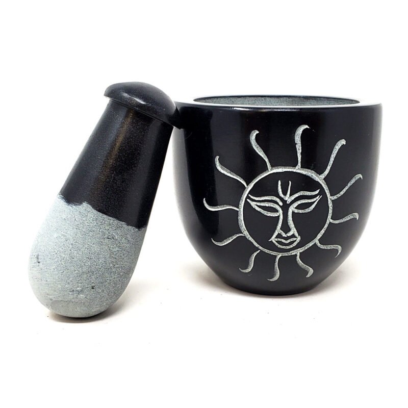 Sun Carved Black Soapstone Mortar & Pestle