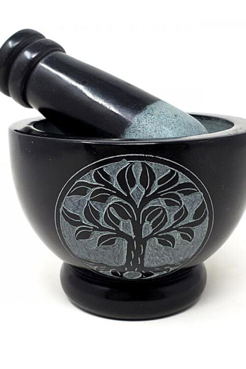 Tree of Life Carved Black Soapstone Mortar & Pestle 4″ x 3″