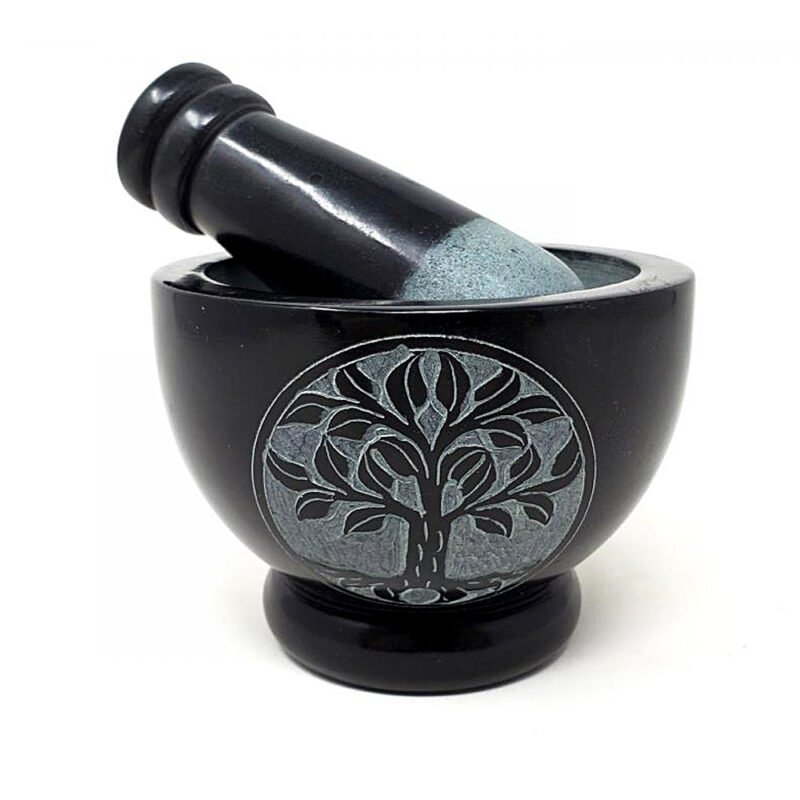 Tree of Life Carved Black Soapstone Mortar & Pestle 4" x 3"