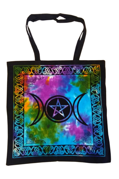 Triple Moon Pentacle Tote Bag 18×18″ (Tie Dye/Black)