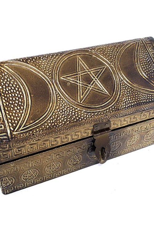 Triple Moon Pentagram Carved Metal over Wood Box