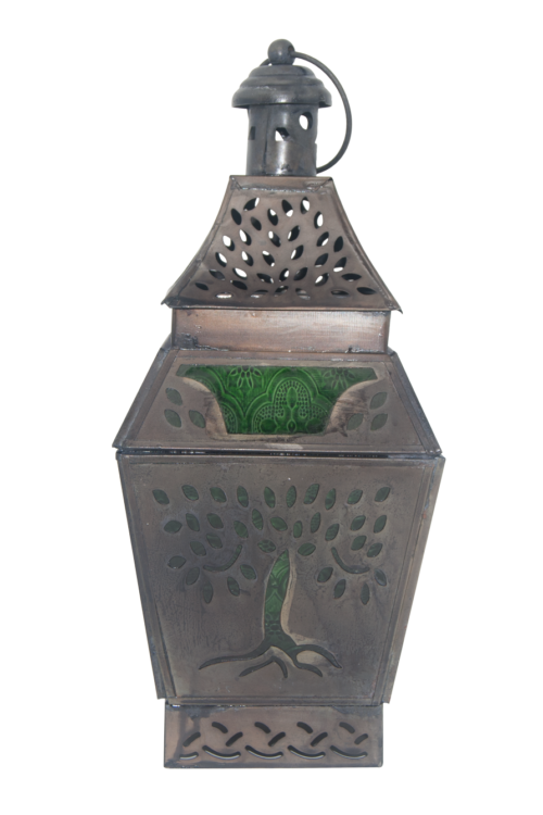 Candle Lantern – Celtic Tree, Brown Antique with Green Windows 4.75″ x 11″