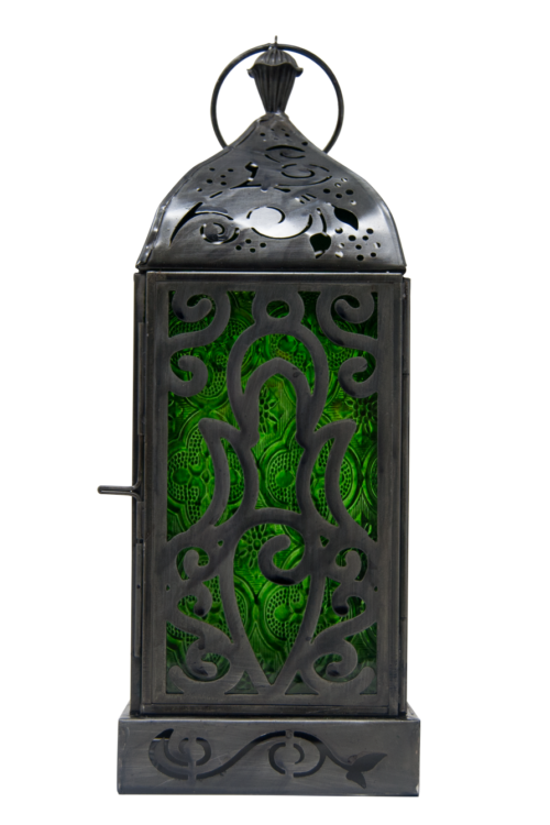 Candle Lantern – Goddess, Black Antique with Green Windows 4″ x 12″